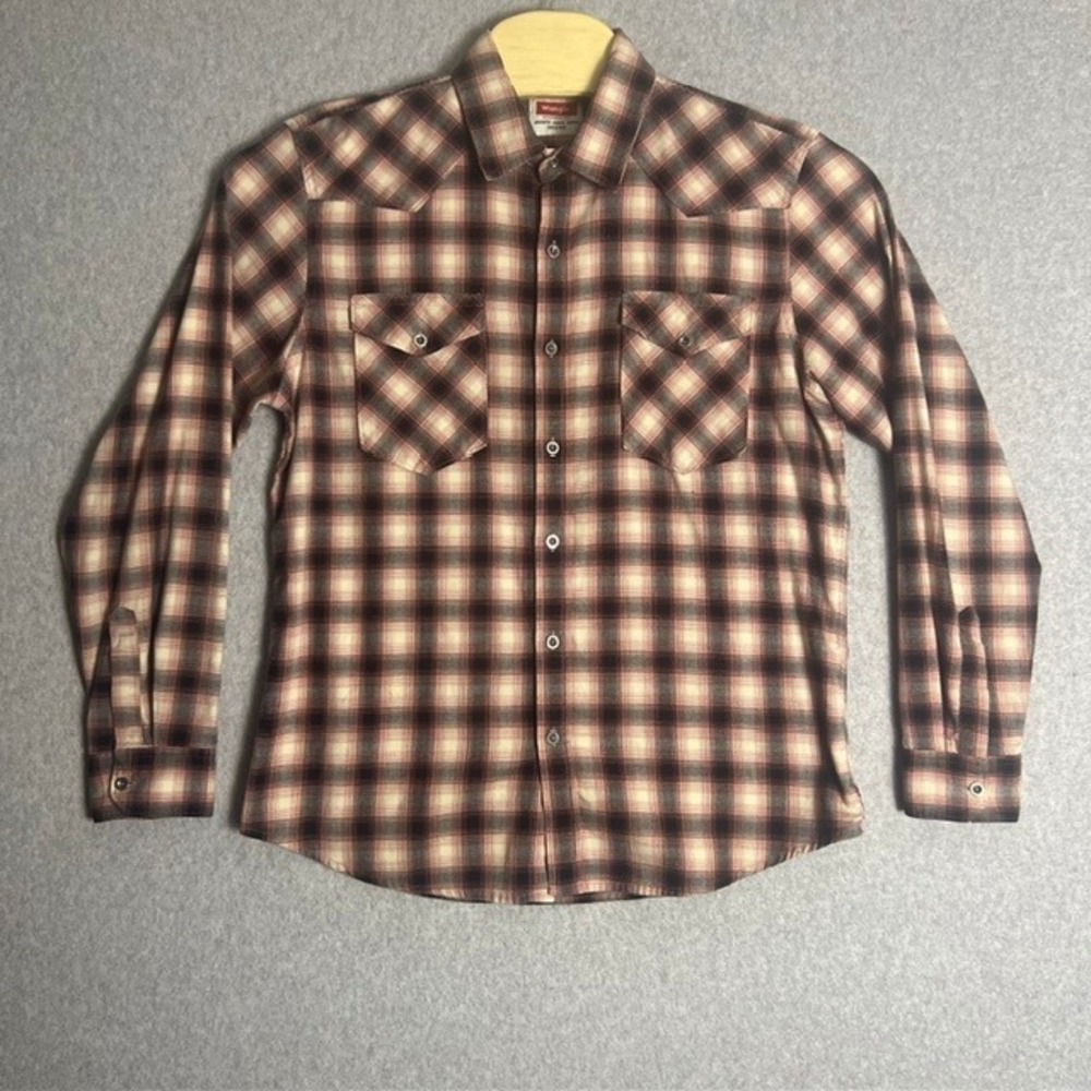 Wrangler Men's Pink& Brown‎ Western Plaid Flannel Long Sleeve Shirt Size Large